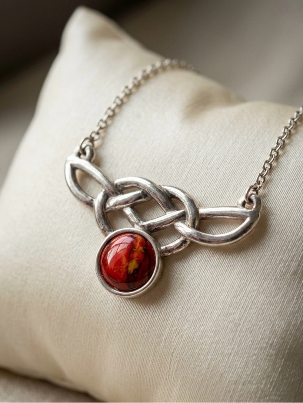 925 Sterling Silver Red Jasper Necklace Celtic Knot Pendant 16” Artisan Stone